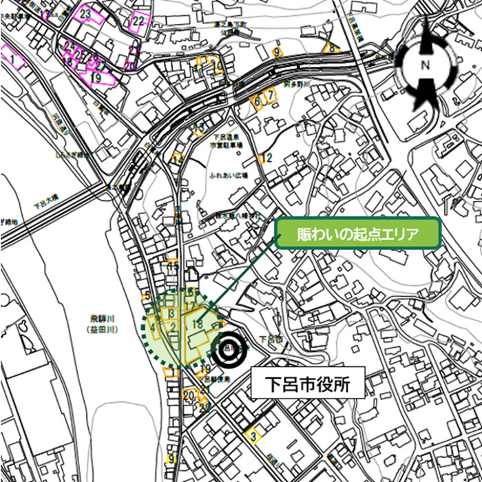 【助成対象地域】 下呂温泉中心市街地地区都市再生整備計画区域内の「賑わいの起点エリア」